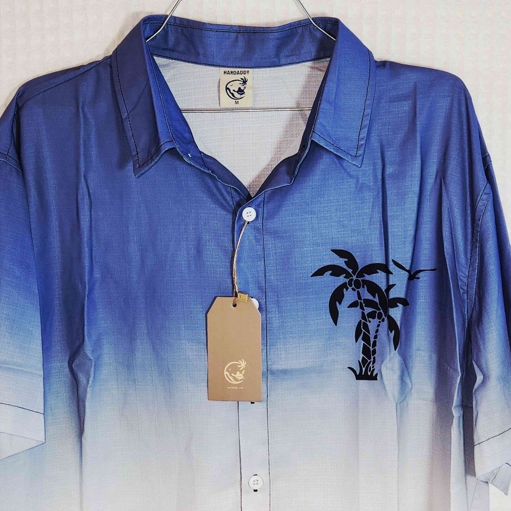 Hardaddy Shirt Mens M Blue Ombre Palm Tree Button Down Short Sleeve Island Beach